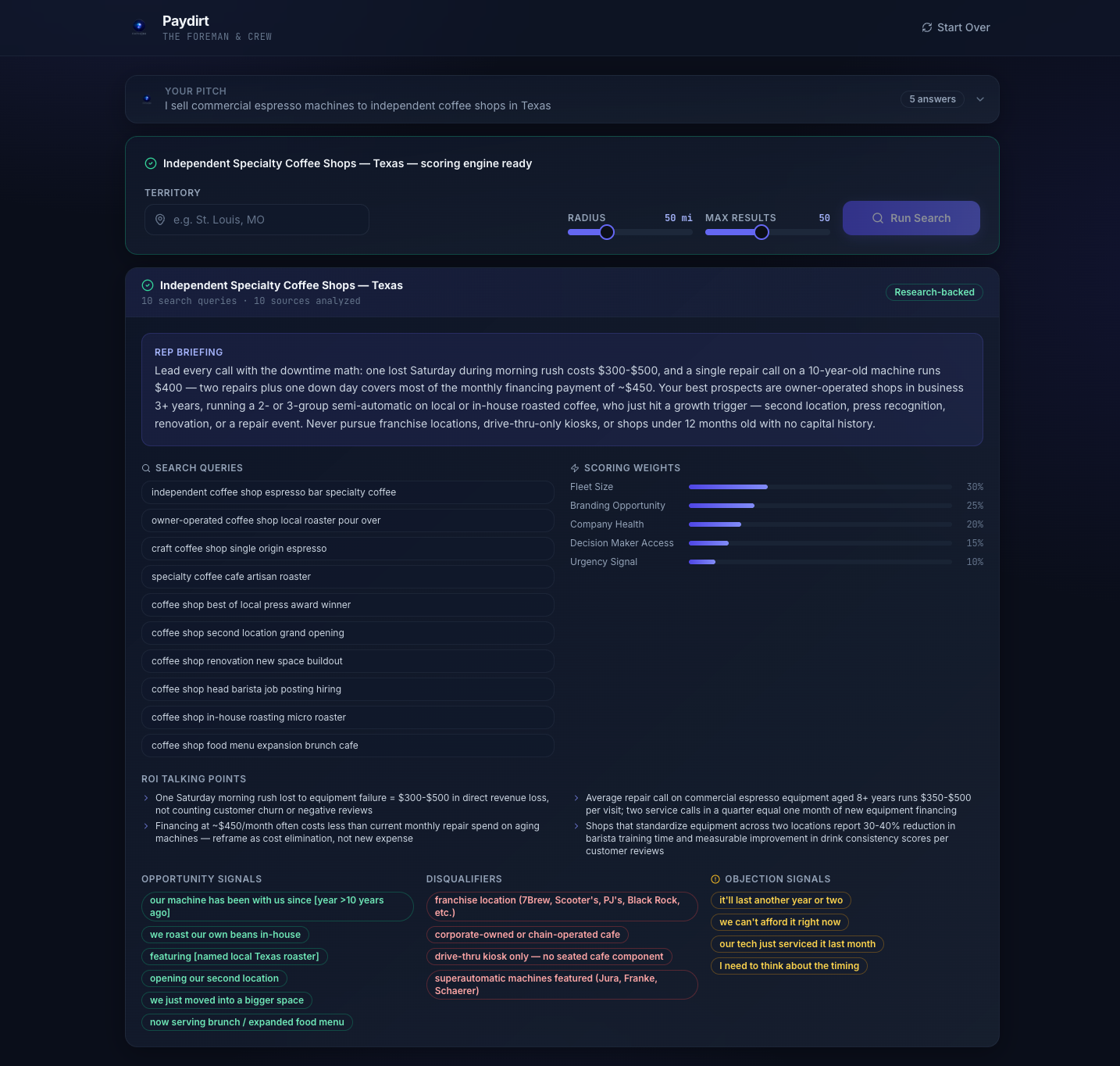 The Paydirt survey: a research-backed scoring engine built from the rep's pitch, with scoring weights, opportunity signals, disqualifiers, and objection signals.